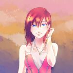  1girl blue_eyes closed_mouth collarbone earrings english_text highres jewelry kairi_(kingdom_hearts) kingdom_hearts kingdom_hearts_ii looking_at_viewer medium_hair necklace redhead single_earring smile solo 