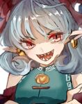  1girl bangs blue_hair blue_shirt commentary_request earrings horns jewelry looking_at_viewer medium_hair nanataru10 open_mouth pointy_ears red_eyes sharp_teeth shirt simple_background smile solo teeth touhou toutetsu_yuuma upper_body white_background 