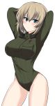 1girl absurdres adapted_costume aikir_(jml5160) alternate_age arms_behind_head arms_up bangs blonde_hair blue_eyes blush bob_cut breasts closed_mouth commentary cowboy_shot eyebrows_visible_through_hair frown girls_und_panzer green_leotard highres katyusha_(girls_und_panzer) large_breasts leotard long_sleeves looking_at_viewer military military_uniform older pravda_military_uniform short_hair simple_background solo standing uniform white_background 