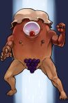  1other aki_minoriko brown_headwear clenched_hand colored_skin commentary_request cyclops food fruit full_body grapes highres looking_at_viewer monster muscular mushroom no_humans no_mouth one-eyed open_mouth orange_skin phenne red_eyes solo touhou what 