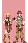  1boy 1girl armor bangs belt blonde_hair boots breastplate brown_belt brown_footwear brown_gloves brown_pants brown_shirt closed_eyes commentary_request eyebrows_visible_through_hair fist_bump full_body gloves green_shirt grin hair_between_eyes highres looking_at_another looking_to_the_side novice_(ragnarok_online) pants pink_background pink_shorts ragnarok_online red_eyes redhead shirt shoes short_hair short_sleeves shorts sleeveless sleeveless_shirt smile white_background yanagimoto_hikari 