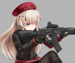  ak-74m ak74m_(girls&#039;_frontline) akatsuki_akane assault_rifle beret blonde_hair boots camouflage_gloves ear_protection eotech finger_on_trigger girls_frontline gloves gun hair_ornament hat kalashnikov_rifle kneeling long_hair one_knee optical_sight pantyhose red_headwear red_star rifle russian_flag snowflake_hair_ornament tactical_clothes violet_eyes weapon 