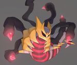  black_sclera colored_sclera commentary_request giratina giratina_(origin) glowing grey_background highres horezai looking_at_viewer no_humans pokemon pokemon_(creature) red_eyes simple_background spikes 