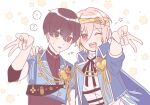 2boys ? androgynous ange_yuki blonde_hair blush brown_hair facing_viewer fangs grey_eyes latte04 looking_at_viewer matching_outfit multicolored_eyes multiple_boys one_eye_closed open_mouth red_eyes robin_laffite star_(symbol) v vampire visual_prison white_background 