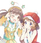  2girls ahoge bangs blue_eyes blush brown_eyes brown_hair closed_mouth commentary_request double_v dress eyebrows_visible_through_hair hair_ornament hairclip hakozaki_serika hat idolmaster idolmaster_million_live! idolmaster_million_live!_theater_days long_hair multiple_girls one_eye_closed open_mouth short_hair sleeveless sleeveless_dress suou_momoko toma_(shinozaki) twintails upper_body v white_background 