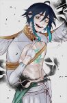  1boy bangs braid chest_tattoo genshin_impact gloves highres long_sleeves looking_at_viewer male_focus open_mouth short_hair simple_background smile solo suweetohaato tattoo venti_(genshin_impact) white_background white_gloves wings 