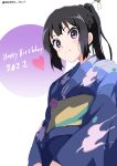  1girl absurdres artist_name birthday black_hair blue_kimono blush closed_mouth furisode hair_ornament happy_birthday hibike!_euphonium highres japanese_clothes kanzashi kimono kousaka_reina long_hair long_sleeves looking_at_viewer looking_down obi ponytail sash smile solo standing violet_eyes white_background white_gorilla_(okamoto) 