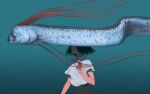  1girl animal bare_arms black_hair black_skirt blue_background bob_cut collared_shirt covered_eyes eel floating_hair from_side hand_up oarfish open_mouth original pleated_skirt polo_shirt shirt shokugyo short_hair short_sleeves skirt submerged white_shirt 
