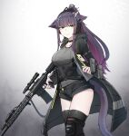  1girl animal_ears arknights bangs black_coat black_shorts breasts cat_ears cat_tail coat commentary_request english_commentary eyebrows_visible_through_hair green_eyes grey_background grey_shirt gun highres holding holding_gun holding_weapon jessica_(arknights) k0ng large_breasts long_hair long_sleeves looking_at_viewer official_alternate_costume open_clothes open_coat pouch purple_hair rifle shirt short_shorts shorts sniper_rifle solo tail very_long_hair weapon 
