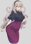  1girl alternate_costume bangs bow breasts corrin_(fire_emblem) corrin_(fire_emblem)_(female) dress fire_emblem fire_emblem_fates hair_between_eyes hair_ornament hairband hairpin highres karashino long_hair looking_at_viewer pointy_ears puffy_sleeves purple_dress red_eyes red_nails smile solo wavy_hair white_hair wide_hips 