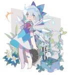  1girl air_conditioner asagina_gi bandaid bandaid_on_arm bandaid_on_leg barefoot blue_bow blue_dress bow bowtie cirno collared_shirt commentary_request dress fang flower full_body hair_bow highres ice ice_wings looking_at_viewer melting plant red_bow shirt short_hair skin_fang solo sparkle sweat touhou vines white_shirt wings |_| 