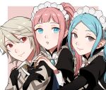  1boy 2girls :o bangs black_dress black_gloves blue_eyes blue_hair brooch closed_mouth commentary commission corrin_(fire_emblem) corrin_(fire_emblem)_(male) dress english_commentary eyebrows_visible_through_hair felicia_(fire_emblem) fire_emblem fire_emblem_fates flora_(fire_emblem) forehead gloves grey_eyes grey_hair hands_on_another&#039;s_shoulders hug hug_from_behind jewelry juliet_sleeves long_hair long_sleeves looking_at_viewer maid maid_headdress multiple_girls parted_bangs peach11_01 pink_hair ponytail puffy_sleeves red_eyes short_hair siblings sidelocks sisters skeb_commission smile twins upper_body 
