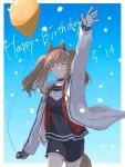  1girl 461_aki :d angelina_(arknights) animal_ears arknights balloon black_choker black_gloves black_shirt black_shorts blue_background border brown_hair choker clenched_teeth closed_eyes cowboy_shot dated earpiece extra_ears fox_ears fox_tail gloves grin hairband hand_up happy_birthday highres holding holding_balloon jacket long_hair looking_at_viewer open_clothes open_jacket outside_border red_hairband shirt shorts simple_background smile solo striped striped_hairband tail teeth twintails two-tone_gloves white_border white_gloves white_jacket 