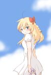  1girl ahoge blonde_hair bow braid breasts chrono_cross closed_mouth clouds dress hair_bow highres kid_(chrono_cross) long_hair looking_at_viewer simple_background smile solo white_background 