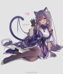  1girl animal_ears black_gloves cat_ears cat_tail claw_pose dress genshin_impact gloves highres keqing_(genshin_impact) long_hair pantyhose purple_dress purple_hair simple_background solo tail twintails violet_eyes white_background yolanda 
