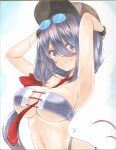  ariake_(kancolle) armpits arms_up baseball_cap bikini breasts eyewear_on_head hat highres kantai_collection large_breasts long_hair looking_at_viewer necktie purple_hair smile swimsuit traditional_media violet_eyes yuuki_chima 