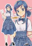  1girl alternate_breast_size alternate_costume alternate_hairstyle apron blue_apron blue_background blue_bow blue_bowtie blue_eyes blue_hair blue_skirt bow bowtie bread checkered_apron employee_uniform eyebrows_visible_through_hair food full_body gingham gingham_apron hair_bun high-waist_skirt highres kneehighs kobeya kobeya_uniform long_hair looking_at_viewer pama pink_background plaid plaid_apron pleated_shirt precure ribbon shirt simple_background skirt tray uniform waitress white_legwear white_ribbon white_shirt zoom_layer 