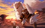  arcanine black_eyes closed_mouth clouds commentary_request desert evolutionary_line fangs fangs_out growlithe killert_0401 looking_back no_humans outdoors pokemon pokemon_(creature) sky smile standing twilight 