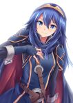  1girl armor backlighting bangs black_shirt blue_eyes blue_gloves blue_hair blue_tunic closed_mouth eyebrows_visible_through_hair fingerless_gloves fire_emblem fire_emblem_awakening gloves hair_between_eyes hairband highres long_hair looking_at_viewer lucina_(fire_emblem) minamonochaba shiny shiny_hair shirt shoulder_armor simple_background smile solo upper_body white_background yellow_hairband 