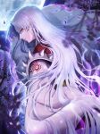  1boy bangs eyebrows_visible_through_hair floating_hair gaogao_(gaogaomegu) hair_between_eyes highres inuyasha japanese_clothes kimono long_hair looking_at_viewer looking_to_the_side male_focus moon night parted_lips sesshoumaru solo very_long_hair white_hair white_kimono yellow_eyes 
