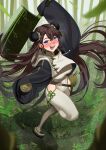 1girl alcohol alternate_costume bamboo bamboo_forest blurry blurry_background blush brown_hair cup double_bun dress drunken_swordmaster_lynn eyebrows_visible_through_hair forest guardian_tales highres holding holding_weapon jiki_(gkdlfnzo1245) long_hair looking_at_viewer nature open_mouth outdoors shadow weapon white_dress 
