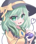  1girl :d bangs black_headwear bow eyebrows_visible_through_hair green_eyes green_hair hair_between_eyes hat hat_bow heart heart_of_string highres holding koishi_day komeiji_koishi long_sleeves looking_at_viewer open_mouth s_vileblood simple_background smile solo third_eye touhou upper_body white_background yellow_bow 