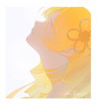  1girl bangs blonde_hair border choker drill_hair from_side hair_ornament highres long_hair looking_away looking_up mahou_shoujo_madoka_magica portrait profile sad sanyang003 signature simple_background solo tomoe_mami twin_drills white_background yellow_eyes yellow_theme 