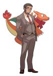  1boy belt black_hair business_suit buttons character_doll charizard closed_eyes collared_shirt commentary_request doll facial_hair formal full_body grey_jacket grey_pants grey_vest grin hand_in_pocket highres holding holding_doll jacket korean_commentary male_focus necktie pants pokemon pokemon_(game) pokemon_swsh red_necktie redlhzz rose_(pokemon) shirt shoes smile solo standing suit undercut vest white_shirt 