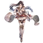  1girl arrow_(projectile) black_hair blue_eyes bow_(weapon) breasts detached_sleeves floating_hair full_body granblue_fantasy holding holding_sword holding_weapon hood hood_down long_hair looking_at_viewer minaba_hideo official_art pants ponytail quiver shirt shitori_(granblue_fantasy) simple_background small_breasts solo sword transparent_background turtleneck weapon 