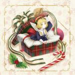  1girl :o absurdres angel angel_wings bauble blonde_hair box candy candy_cane christmas christmas_present commentary food gift gift_box green_eyes halo highres minigirl mistletoe original patterned_background saigasai short_hair solo wings 