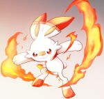  bandaid bandaid_on_face bandaid_on_nose closed_mouth commentary_request fire full_body gradient gradient_background haru_(chill3838) highres no_humans outstretched_arms pokemon pokemon_(creature) scorbunny smile solo 