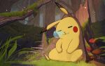  closed_eyes commentary_request day drooling forest grass killert_0401 moss mushroom nature no_humans nose_bubble outdoors pikachu pokemon pokemon_(creature) sitting sleeping solo tree_stump 