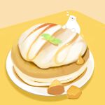  animal bear chai_(drawingchisanne) commentary_request cream food heart looking_at_viewer mango mint no_humans on_food original pancake plate polar_bear signature simple_background syrup undersized_animal 
