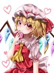  absurdres ascot back_bow blonde_hair bow box breasts closed_mouth collared_shirt commentary_request crystal eyebrows_visible_through_hair flandre_scarlet frilled_shirt_collar frilled_sleeves frills gift gift_box glowing glowing_wings hat hat_ribbon head_tilt heart highres holding holding_gift looking_at_viewer maboroshi_mochi medium_hair mob_cap multicolored_wings orange_eyes puffy_short_sleeves puffy_sleeves red_ribbon red_skirt red_vest ribbon shiny shiny_hair shirt short_sleeves side_ponytail simple_background skirt small_breasts smile touhou valentine vest white_background white_bow white_headwear white_shirt wings yellow_ascot 