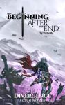  1boy after_battle ahoge arthur_leywin aura bad_source blurry blurry_background cover cover_page crown english_text expressionless flag glowing_tattoo highres male_focus novel_cover nutsinee_siri official_art royal_robe short_hair sword tattoo the_beginning_after_the_end throwing torn_clothes violet_eyes weapon white_hair 