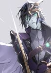  1boy bangs black_hair bleach cape facial_mark green_eyes grey_background hair_between_eyes headpiece highres hishui_prpr holding holding_sword holding_weapon jacket looking_at_viewer male_focus open_clothes open_jacket parted_lips purple_jacket short_hair sketch slit_pupils solo sparkle sword ulquiorra_cifer weapon white_cape 