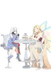  2girls absurdly_long_hair absurdres aurora_(fate) blonde_hair cup fairy_knight_lancelot_(fate) fairy_knight_lancelot_(second_ascension)_(fate) fate/grand_order fate_(series) forehead full_body highres house_tag_denim long_hair multiple_girls pointy_ears simple_background table very_long_hair white_hair wings yellow_eyes 