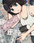  1girl black_hair blue_eyes commentary lying on_side original pill_bottle short_hair solo tank_top yajirushi_(chanoma) 