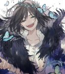  1boy :d alternate_hair_color arthropod_boy bangs black_fur black_hair blue_butterfly blue_eyes bug butterfly cape collared_shirt commentary_request crown diamond_hairband evil_smile fangs fate/grand_order fate_(series) fur_collar fur_trim highres insect_wings long_sleeves looking_at_viewer male_focus medium_hair oberon_(fate) oberon_(third_ascension)_(fate) official_alternate_costume open_mouth shirt signature simple_background smile solo spoilers syerii twitter_username upper_body white_background white_shirt wings 