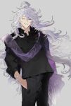  1boy ;) black_pants black_shirt chinese_commentary collared_shirt commentary_request fate/grand_order fate_(series) feet_out_of_frame grey_background hand_in_pocket highres laver_(1090792977) long_hair looking_at_viewer male_focus merlin_(camelot_&amp;_co)_(fate) merlin_(fate) official_alternate_costume one_eye_closed pants scarf shirt simple_background smile solo teeth very_long_hair violet_eyes white_hair 