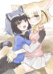  2girls animal_ears black_bow black_bowtie black_gloves black_hair black_skirt blonde_hair blue_sweater blush bow bowtie commentary_request common_raccoon_(kemono_friends) extra_ears eyebrows_visible_through_hair fang fennec_(kemono_friends) fox_ears fox_girl fox_tail fur_collar fur_trim gloves grey_gloves grey_hair grey_legwear highres hug kemono_friends looking_at_viewer megumi_222 multicolored_clothes multicolored_gloves multicolored_hair multiple_girls open_mouth pantyhose pink_sweater pleated_skirt puffy_short_sleeves puffy_sleeves raccoon_ears raccoon_girl raccoon_tail short_hair short_sleeves sitting sitting_on_lap sitting_on_person skirt sweater tail thigh-highs white_fur white_hair white_skirt yellow_bow yellow_bowtie yellow_eyes yellow_gloves yellow_legwear zettai_ryouiki 