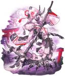 1girl arthropod_girl black_skin carapace centipede_girl cherry_blossoms colored_sclera colored_skin commentary_request extra_arms extra_legs floral_print highres hood horns mix_(candlmix) naginata original petals pink_hair polearm purple_sclera violet_eyes weapon wide_sleeves 