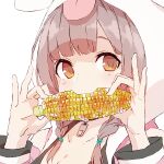  1girl animal_hood bangs blush brown_eyes brown_hair corn_cob eating food food_in_mouth hands_up hashiguma holding holding_food hololive hood hood_up inugami_korone long_sleeves looking_at_viewer medium_hair portrait simple_background solo twitter_username virtual_youtuber white_background 