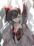  1girl agasa_(akasa_anodan) arm_ribbon bow brown_hair commentary detached_sleeves frilled_bow frills grey_eyes hair_tubes hakurei_reimu head_tilt highres long_hair looking_at_viewer red_bow red_ribbon red_vest ribbon solo touhou upper_body vest white_ribbon wide_sleeves 