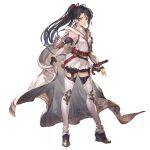  1girl arrow_(projectile) black_hair blue_eyes bow_(weapon) breasts cape cape_hold closed_mouth detached_sleeves fingerless_gloves full_body gloves granblue_fantasy long_hair looking_at_viewer minaba_hideo official_art pants ponytail quiver shirt shitori_(granblue_fantasy) simple_background single_glove small_breasts solo sword transparent_background weapon white_shirt 