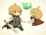  1boy ahoge belt blonde_hair blue_eyes blush_stickers boots cape chibi commentary fantasy maniani no_mouth original short_hair simple_background slime_(creature) sword weapon 