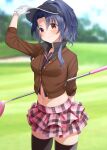 adjusting_clothes adjusting_headwear arm_behind_back bangs black_hair black_headwear black_legwear black_shirt blurry blurry_background blush breasts brown_cardigan brown_eyes buttons cardigan checkered_clothes checkered_skirt commentary_request day eyebrows_visible_through_hair fed_(giba) frilled_skirt frills gloves golf_club grass hand_up high_collar idolmaster idolmaster_million_live! long_sleeves looking_at_viewer medium_breasts midriff miniskirt navel outdoors parted_bangs pink_skirt ponytail shirt sidelocks skirt smile solo takayama_sayoko thigh-highs thighs visor_cap wavy_hair white_gloves 