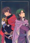  2boys black_jacket book brown_hair cape commentary_request crossed_arms fire_emblem fire_emblem:_thracia_776 fred_(fire_emblem) gloves green_eyes green_hair high_collar holding holding_book ilios_(fire_emblem) jacket long_sleeves male_focus multiple_boys nagiyaki_(momomo77) outside_border purple_cape purple_jacket purple_sash red_cape sash scabbard sheath sheathed short_hair sword upper_body weapon white_gloves wing_collar 