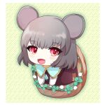  1girl :d animal_ears bangs basket blush border chibi chidori_nekoro commentary_request crystal dotted_background dress eyebrows_visible_through_hair full_body green_background grey_dress grey_hair jewelry long_sleeves looking_at_viewer mouse_ears mouse_girl nazrin open_mouth pendant red_eyes shirt short_hair smile solo touhou white_border white_shirt 