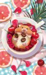  animal cherry cup food fruit hamster highres napkin no_humans original petals rojo0110 saucer teacup 